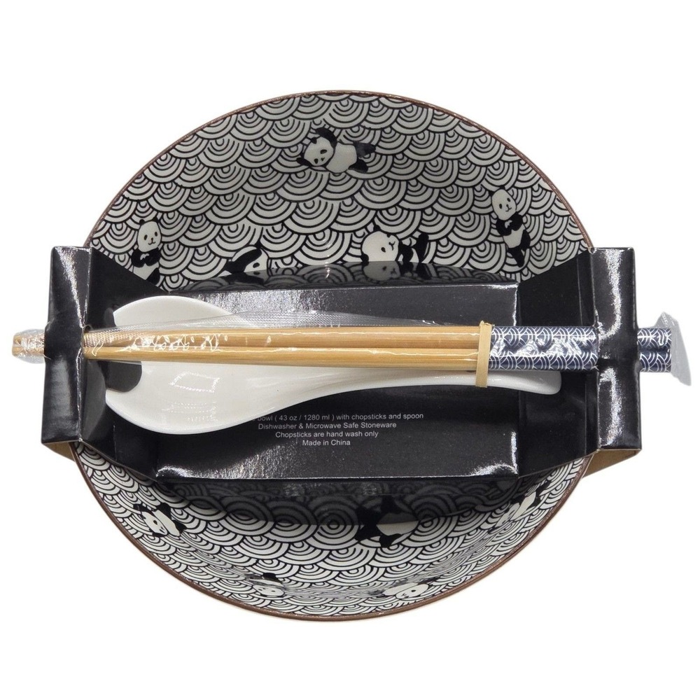SH Home Black Panda Waves Ceramic Ramen Noodle Bowl Set 43oz Chopsticks Spoon